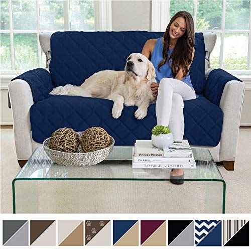 Product Cover MIGHTY MONKEY Premium Reversible Loveseat Slipcover, Seat Width to 54 Inch Furniture Protector, 2 Inch Elastic Strap, Washable Slip Cover, Protects from Kids, Dogs, and Pets Love Seat, Navy Tan