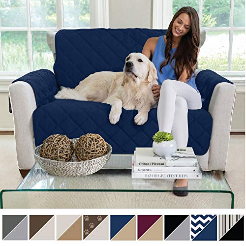 Product Cover MIGHTY MONKEY Premium Reversible Chair Protector for Seat Width up to 48 Inch, Furniture Slipcover, 2 Inch Strap, Chairs Slip Cover Throw for Pets, Dogs, Cats, Armchair, Navy Blue Tan