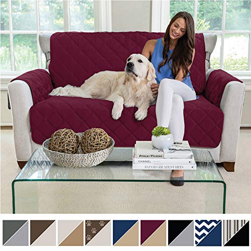 Product Cover MIGHTY MONKEY Premium Reversible Loveseat Slipcover, Seat Width to 54 Inch Furniture Protector, 2 Inch Elastic Strap, Washable Slip Cover, Protects from Kids, Dogs, and Pets Love Seat, Merlot Sand