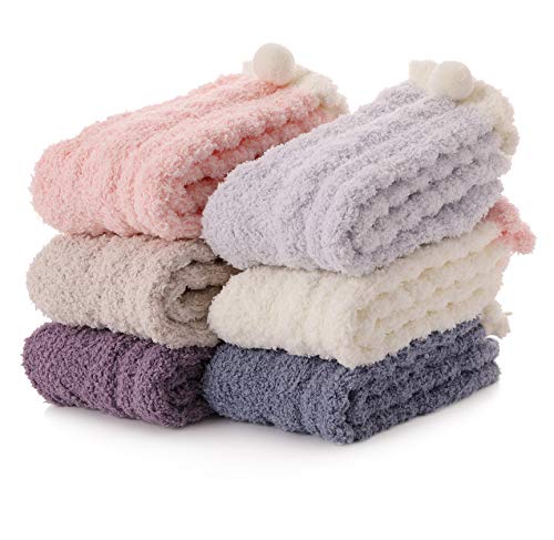 Product Cover Womens Girls Fuzzy Slipper Socks Cabin Soft Fluffy Warm Cute Cozy Winter Christmas Socks 6 Pairs (Solid Colors)