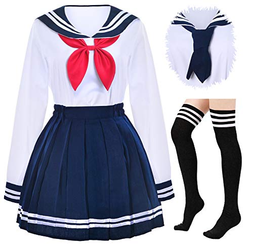 Product Cover Japanese School Girls Uniform Sailor Navy Blue Pleated Skirt Anime Cosplay Costumes with Socks Set(SSF13) S(Tag M)
