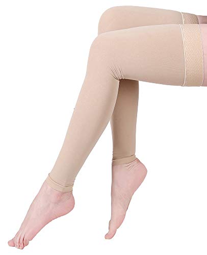 Product Cover KEKING Footless Compression Stockings, Opaque Thigh High Compression Sleeves. Firm Support 20-30 mmHg Gradient Compression with Silicone Band, Treatment Swelling, Varicose Veins, Edema, Beige M