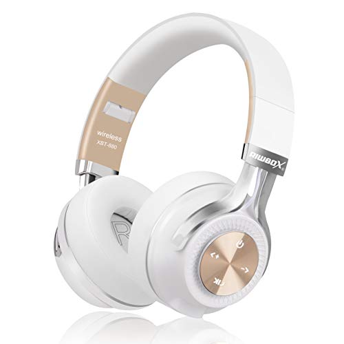 Product Cover Bluetooth Headphones, Riwbox XBT-880 Wireless Bluetooth Headphones Over Ear with Microphone and Volume Control Wireless and Wired Foldable Headset for iPhone/iPad/PC/Cell Phones/TV (White&Gold)