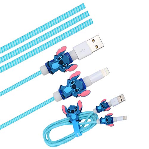 Product Cover Cute Blue Stitch Cartoon Animal Kawaii Spring Cable Protector Cover Saver Sleeves/Cord Management+Charging Data USB Cable+Cable Ties Reusable Fastening/Cable Straps Organizer for Apple iPhone iPad