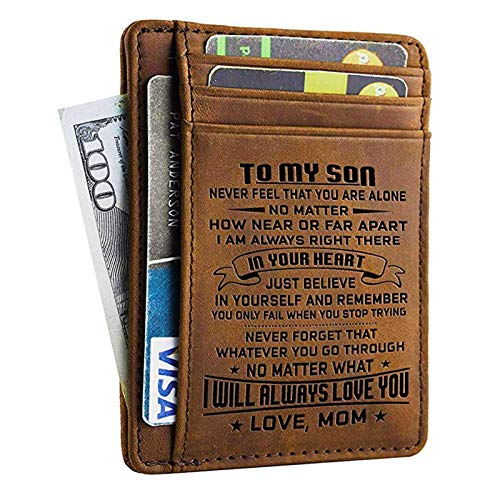 Product Cover Mom Son Wallet - Engraved Leather Front Pocket Wallet (A - Son, mom will always love you)