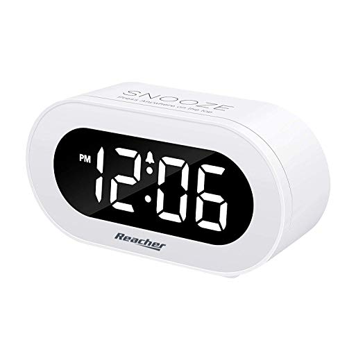 Product Cover REACHER Small LED Digital Alarm Clock with Snooze, Simple to Operate, Full Range Brightness Dimmer, Adjustable Alarm Volume, Outlet Powered Compact Clock for Bedrooms, Bedside, Desk, Shelf(White)