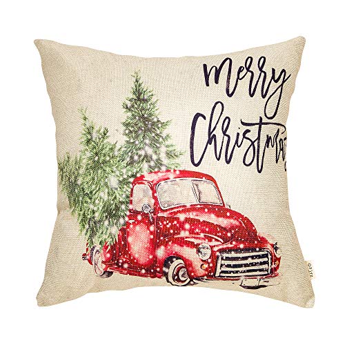 Product Cover Fjfz Merry Christmas Decor Retro Red Truck with Trees Snowflakes Winter Holiday Sign Farmhouse Decoration Gift Cotton Linen Home Decorative Throw Pillow Case Cushion Cover for Sofa Couch 18