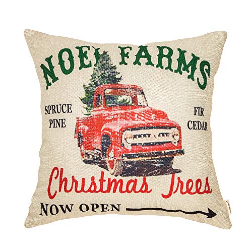 Product Cover Fahrendom Rustic Farmhouse Style Noel Farms Christmas Trees Red Vintage Truck Winter Holiday Sign Cotton Linen Home Decorative Throw Pillow Case Cushion Cover with Words for Sofa Couch 18 x 18 in