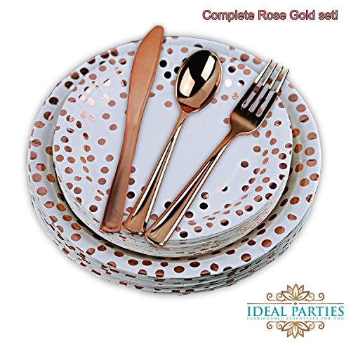 Product Cover 125 PCS Rose Gold Dot Disposable Paper Plates and Plastic Silverware Dot Design, 25 Dinner and Dessert Plates, 25 Forks, Spoons and Knives! for Any Special Occasion! Bridal, Birthday, Bachelorette!
