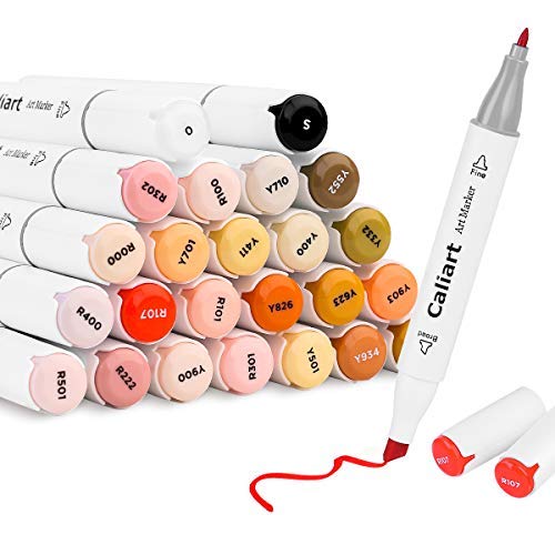 Product Cover Caliart 24 Colors Skin Tone Markers Dual Tip Twin Marker Set, Alcohol Based Art Markers Artist Permanent Sketch Manga Marker Pens for Portrait Illustration Drawing Coloring