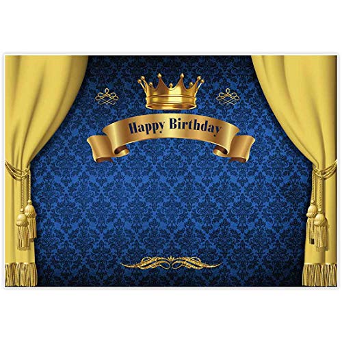 Product Cover Allenjoy 7x5ft Royal Prince Birthday Party Backdrop for Photography 1st First Blue and Gold Curtain Crown Baby Shower Banner Boy's Kids Event Cake Table Decor Home Decoration Photo Booth Background