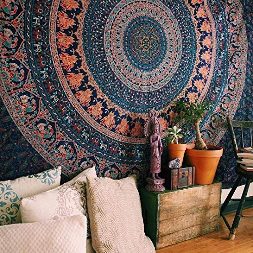 Product Cover GLOBUS CHOICE INC. Tapestry Mandala Twin Indian Elephant Peacock Wall Haning Hippie Gypsy Tapestries Bohemain Psychedelic Cotton Multi Color Beach Sheet Bedspread Bed Cover