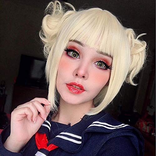 Product Cover Morvally Short Blonde Cosplay Costume Halloween Wig and 2 Detachable Buns with Clips for Women Girls Kids