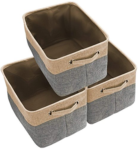 Product Cover Awekris Large Storage Basket Bin Set [3-Pack] Storage Cube Box Foldable Canvas Fabric Collapsible Organizer with Handles for Home Office Closet, Grey/Tan (Grey)
