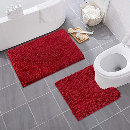 Product Cover MAYSHINE Bathroom Rug Toilet Sets and Shaggy Non Slip Machine Washable Soft Microfiber Bath Contour Mat (Red, 32x20 / 20x20 Inches U-Shaped)