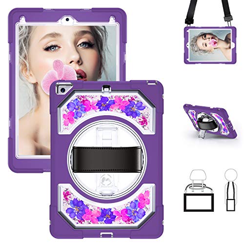 Product Cover Miesherk iPad 6th/5th Generation Case, iPad 9.7 2018/2017 Case Shock Proof Protective Heavy Duty Case with 360 Rotating Stand & Hand & Shoulder Strap for iPad 5th/6th Generation (Purple Flowers)
