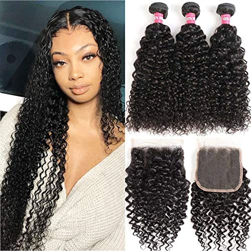 Product Cover WENYU Brazilian Curly Human Hair 3 Bundles with Closure Kinky Curly Bundles with Closure 4x4 Lace Jerry Curl Hair Bundles with Closure Kinkys Curly Human Hair Weave Water Wave (10 12 14+10Free Part)