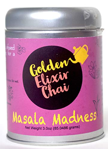 Product Cover Golden Elixir Chai - Masala Madness - Makes 80 Cups - 3 Ounce Instant Masala chai tea Powder with GMO-free Spices - Instant Indian Tea - No Steeping - No dairy - No Sugar