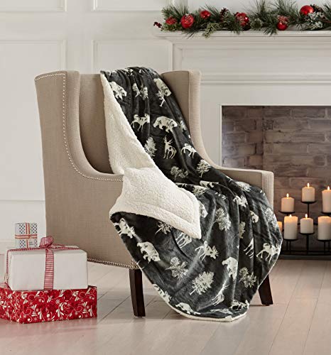 Product Cover Great Bay Home Super Soft Fleece Sherpa Holiday Throw Blanket - Cozy, Warm Dark Grey Forest Animals Design Blanket. Eve Collection (50