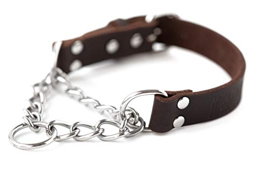Product Cover Mighty Paw Leather Training Collar, Martingale Collar, Stainless Steel Chain - Premium Quality Limited Chain Cinch Collar. (Large, Brown)