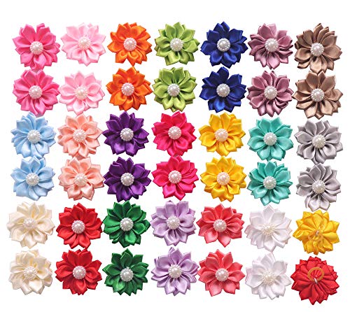 Product Cover YAKA 40PCS(20Paris) Cute Dog Hair Bows with Rubber Bands Pearls Flowers Topknot Dog Bows Pet Grooming Products 20 Colors