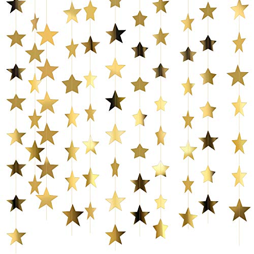 Product Cover Patelai 130 Feet Golden Glitter Star Paper Garland Hanging Decoration for Wedding Birthday Christmas Festival Party (Set of A, Gold)