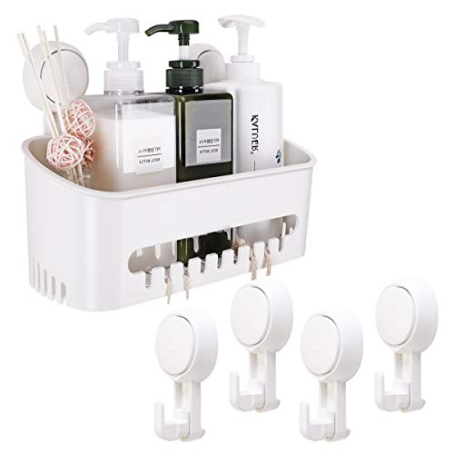 Product Cover TAILI DIY Drill-Free Removable Vacuum Suction Cup Shower Caddy Storage Basket + 4 Extra Hooks, Kitchen Bathroom Bedroom Organizer Set