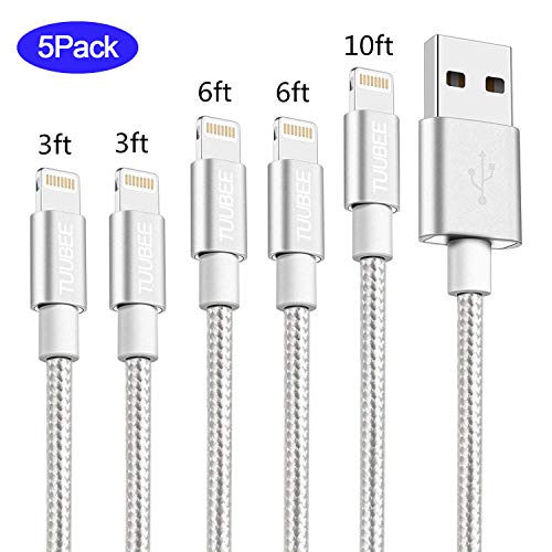 Product Cover TUUBEE MFi Certified 5Pack[3/3/6/6/10FT] Nylon Braided Cell-Phone Charging Cable USB Fast Charging & Syncing Long Cord,iPhone Charger Compatible iPhone XS/Max/XR/X/8/8P/7/7P/6/iPad/iPod (Silver)