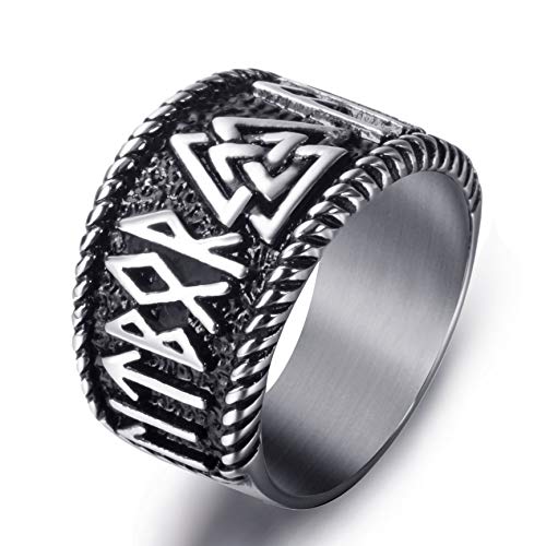 Product Cover Elfasio Mens Stainless Steel Ring Viking Valknut Scandinavn Odin Symbol Norse Text Vintage Jewelry