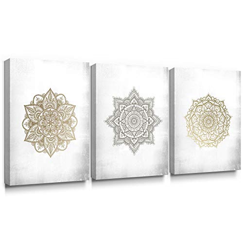 Product Cover SUMGAR Boho Wall Art Bathroom Gold Mandala Framed Paintings 3 Piece Grey Flowers Pictures Gray Floral Canvas Prints Bedroom Indian Artwork Yoga Spa Bohemian Home Decorations Geometric Decor,12x16 in