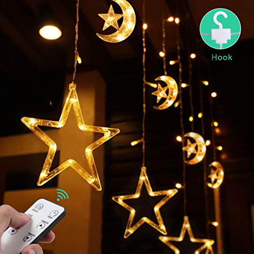 Product Cover Quntis Christmas Window Curtain Lights - Decorative Icicle Lights with Remote - Dimmable Star Moon Holiday Backdrop Fairy String Lights for Outdoor Indoor Home Bedroom Wedding Party Wall, Warm White