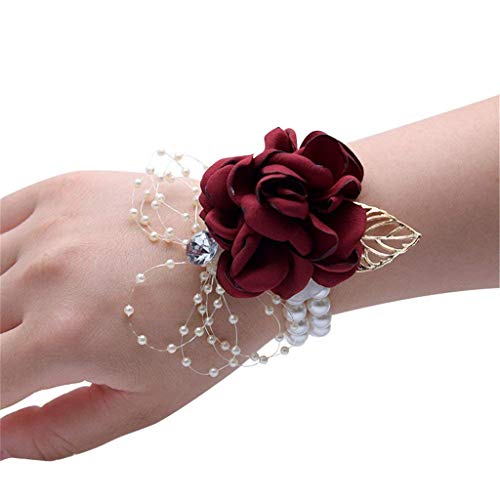 Product Cover Flonding Girl Bridesmaid Wrist Corsage Bridal Silk Wrist Flower with Faux Pearl Bead Stretch Bracelet Wristband Gold Leaf for Wedding Prom Hand Flowers Decor (Burgundy, Pack of 2)