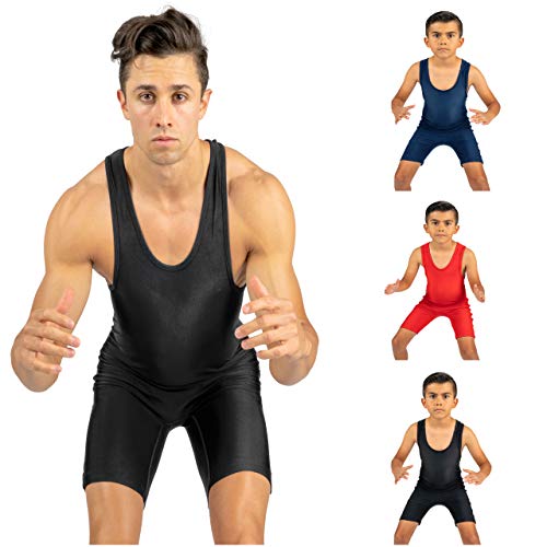 Product Cover 4 Time All American Wrestling Singlet for Men and Youth, Powerlifting and Exercise Equipment, MMA Wrestling Ring Gear/Apparel, Black, Navy Blue, Red, Teal (Sizes: 4XS-5XL) ...