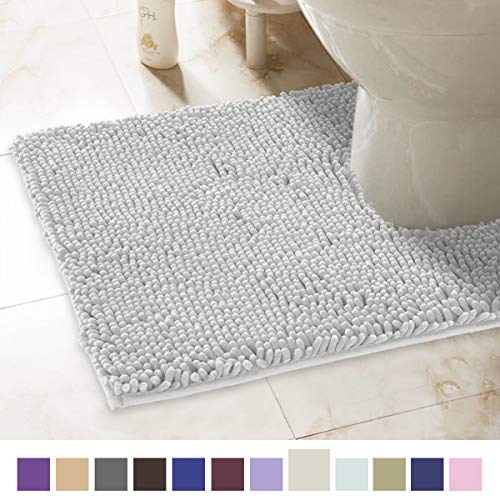 Product Cover ITSOFT Non-Slip Shaggy Chenille Toilet Contour Bathroom Rug with Water Absorbent, Machine Washable, 21 x 24 Inches U-Shaped Light Gray