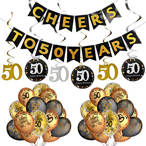 Product Cover 50th Birthday Party Decorations Kit- Cheers to 50 Years Banner,Sparkling Celebration 50 Hanging Swirls,Gold and Black Latex 50 Birthday Balloons,Perfect for 50 Years Old Party Decorations Supplies