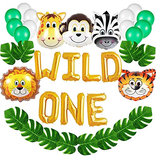 Product Cover Wild One Birthday Decorations Kit,16 INCH WILD ONE Balloons with 12 PCS Artificial Palm Leaves,Baby Girl Boy 1st Bday Party Supplies With Animal Balloons,Safari Zoo Jungle Themed 1st Bday Decorations.