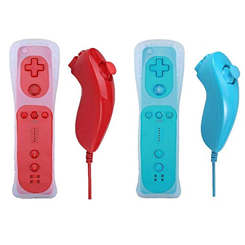 Product Cover Poulep 2 Packs Gesture Controller and Nunchuck Joystick with Silicone Case for Nintendo Wii Wii U Gamepad Console (Red and Blue)