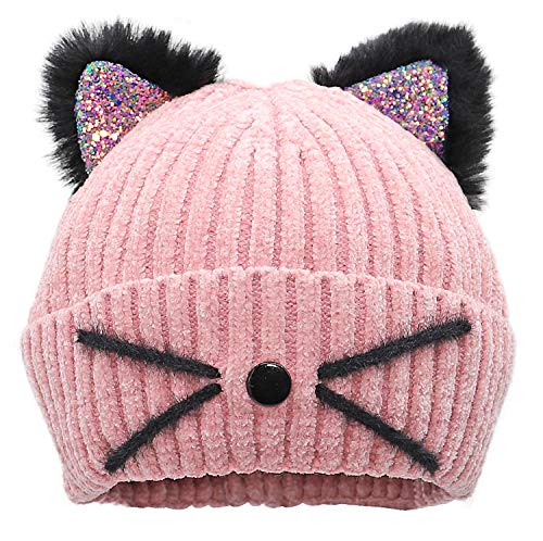 Product Cover Bellady Mother Children Sequin Cat Ears Hats Warm Knit Crochet Beanies Cute Fashion Skull Cap