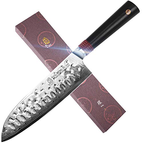 Product Cover TUO Santoku Knife 7 inch - Japanese AUS10 Damascus 67-Layers Steel - Hollow Ground Edge - Non Sticky - Hand Hammered Blade Fifnished - Dishwasher Proof - G10 Handle - Ring-H Series
