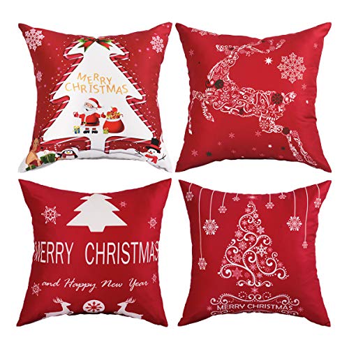 Product Cover BLEUM CADE Pack of 4 Merry Christmas Throw Pillow Covers Christmas Tree Decorative Pillow Covers for Sofa Couch Bed and Car Throw Pillow Covers