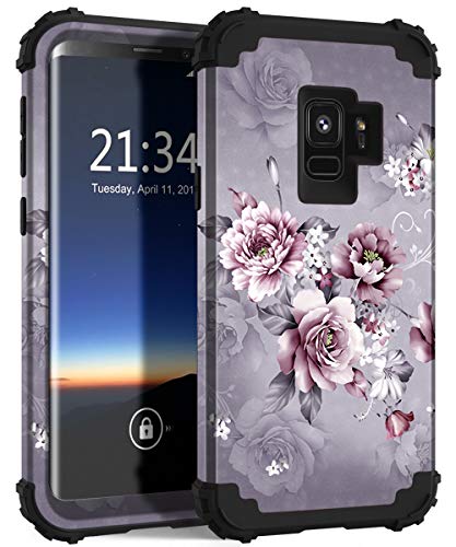 Product Cover Hocase Galaxy S9 Case, SM-G960 Case, Heavy Duty Shockproof Protection Hard Plastic+Soft Silicone Rubber Hybrid Dual Layer Protective Phone Case for Samsung Galaxy S9 2018 - Light Purple Flowers