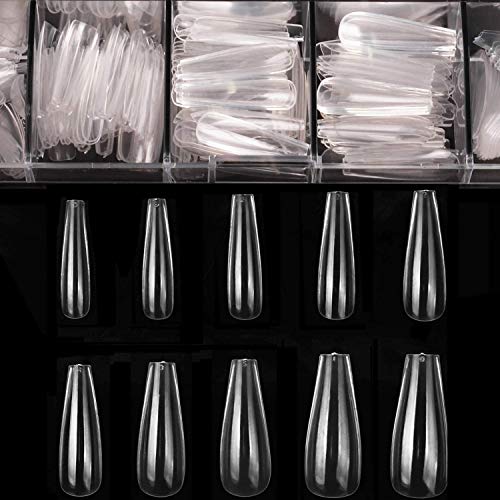 Product Cover BTArtbox 500pcs Coffin Nails Clear Ballerina Fake Nails Tips Long Full Cover Acrylic Artificial False Nails with Case for Nail Salons and DIY Nail Art 10 Sizes