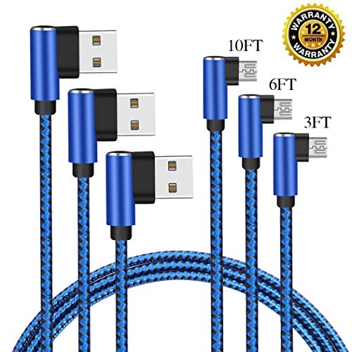 Product Cover CTREEY Micro USB Charging Cable Right Angle, [3-Pack 3FT 6FT 10FT] 90 Degree Durable Nylon Braided Android Charger Cords Compatible Samsung Galaxy S7 Edge/S7/S6 Edge/S6, Note 5/4/2, LG G4