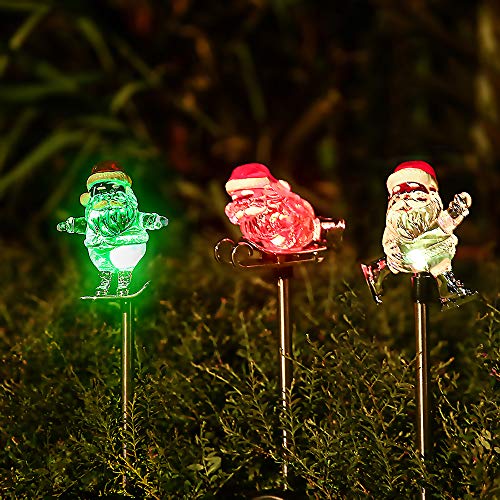 Product Cover Solar Garden Stake Lights - Set of 3 Christmas Lights Solar Powered Christmas Decorations with Color Changing LED for Holiday Fence Yard Pathway Flowerbed Driveway(Santa Figurines)