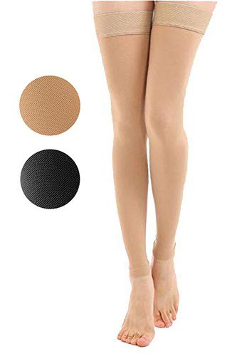 Product Cover TOFLY Thigh High Compression Stockings Opaque, Firm Support 15-20 mmHg Gradient Compression with Silicone Band, Footless Compression Sleeves, Treatment Swelling, Varicose Veins, Edema, Beige L