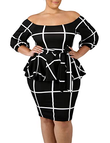 Product Cover VINKKE Women's Plus Size Off Shoulder Peplum Dress Checked Bodycon Party Dress