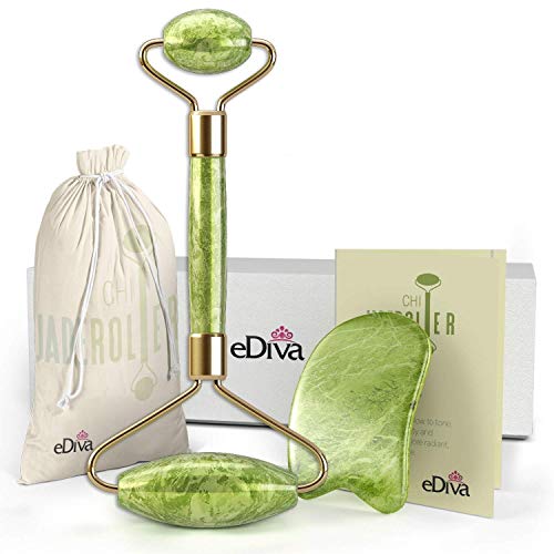 Product Cover eDiva Natural Jade Roller - Gua Sha - Lymphatic Drainage Tool for Face, Neck, Body - Anti Aging Treatment - Reduces Wrinkles and Fine Lines
