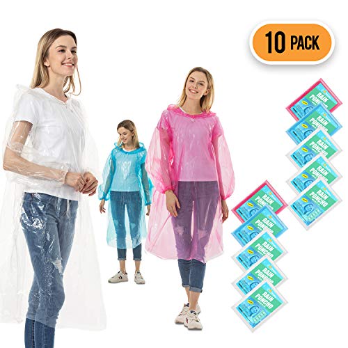 Product Cover Rain Ponchos for Adults Disposable - 10 Pack Bulk Extra Thick Emergency Waterproof Rain Poncho with Drawstring Hood Raincoat for Men Women Plastic Clear Rain Gear for Disney Hiking Travel Concerts