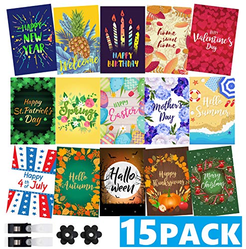 Product Cover Mogarden Seasonal Garden Flags Set 15-Pack, Bonus 2 Stoppers & 2 Anti-Wind Clips, 12 x 18 Inches, Double Sided Heavy Weatherproof Yard Flags