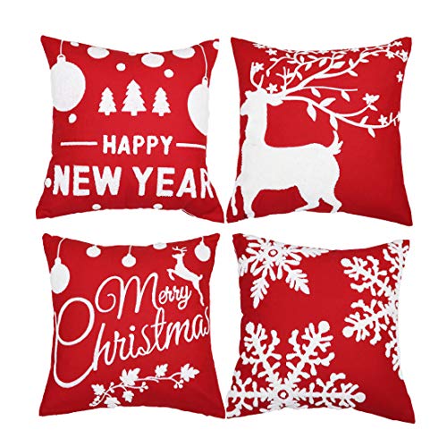 Product Cover Sykting Christmas Pillow Covers with Embroidery Reindeer Snowflakes Christmas Tree Saying Throw Pillow Covers Decorative for Farmhouse Winter Holiday Red and White 18x18 inch Set of 4